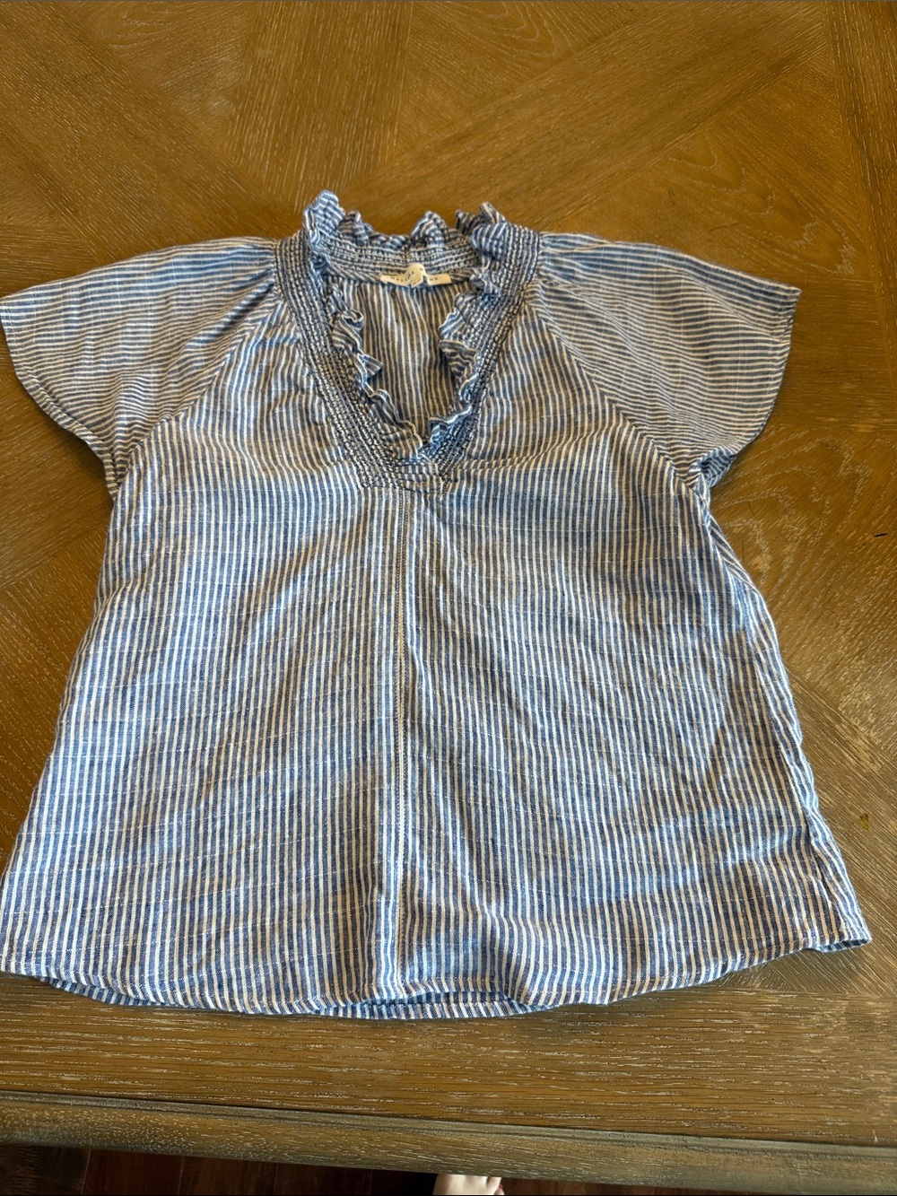 MELISSA NEPTON Blue and White Striped Ruffled V-Neck Top